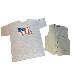 Boys USA T-shirt gray red white blue flag cotton plaid pocket square tan vest
